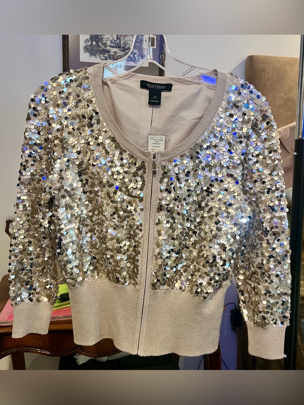 White House Black Market Sequin Zip-Front Jacket - Silver & Cream size S NWT ✨